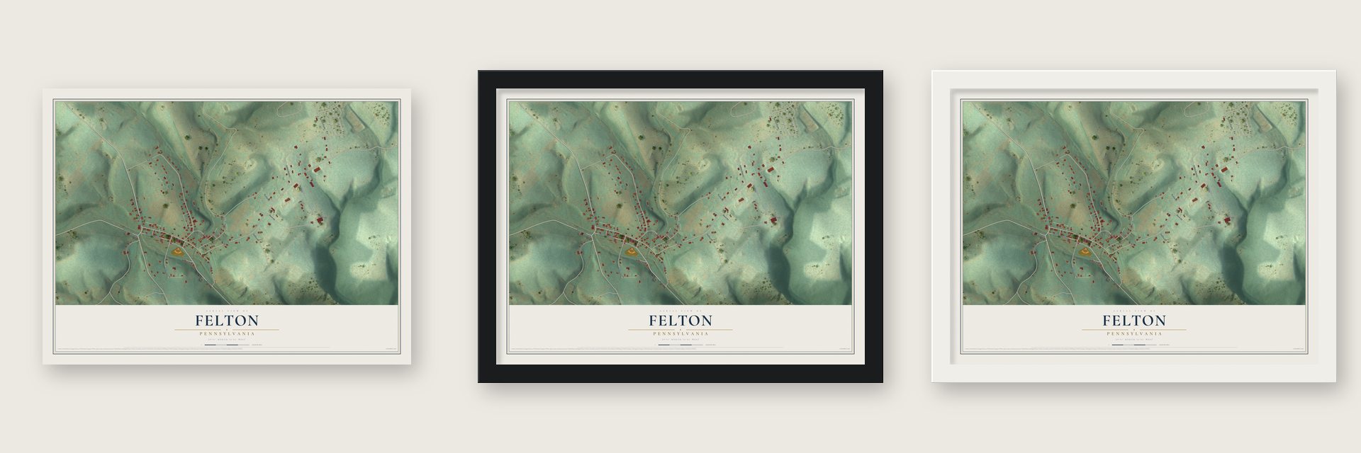 Felton, Pennsylvania map unframed, in a black wood frame and in a white wood frame