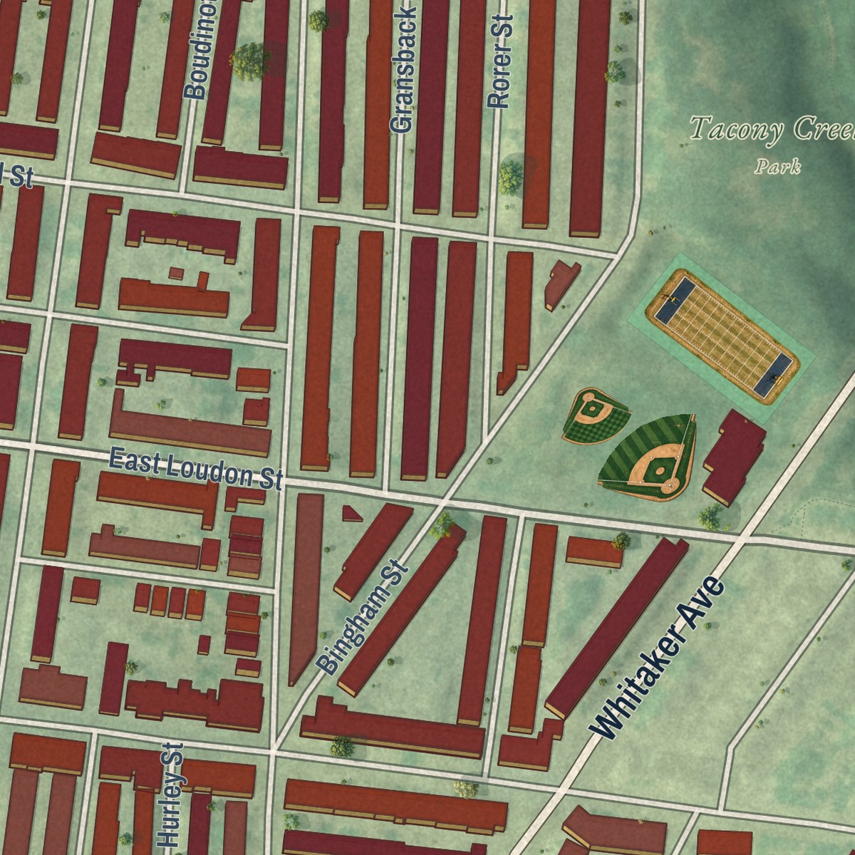 Second close-up of the map of Feltonville, Pennsylvania print showing more streets and buildings