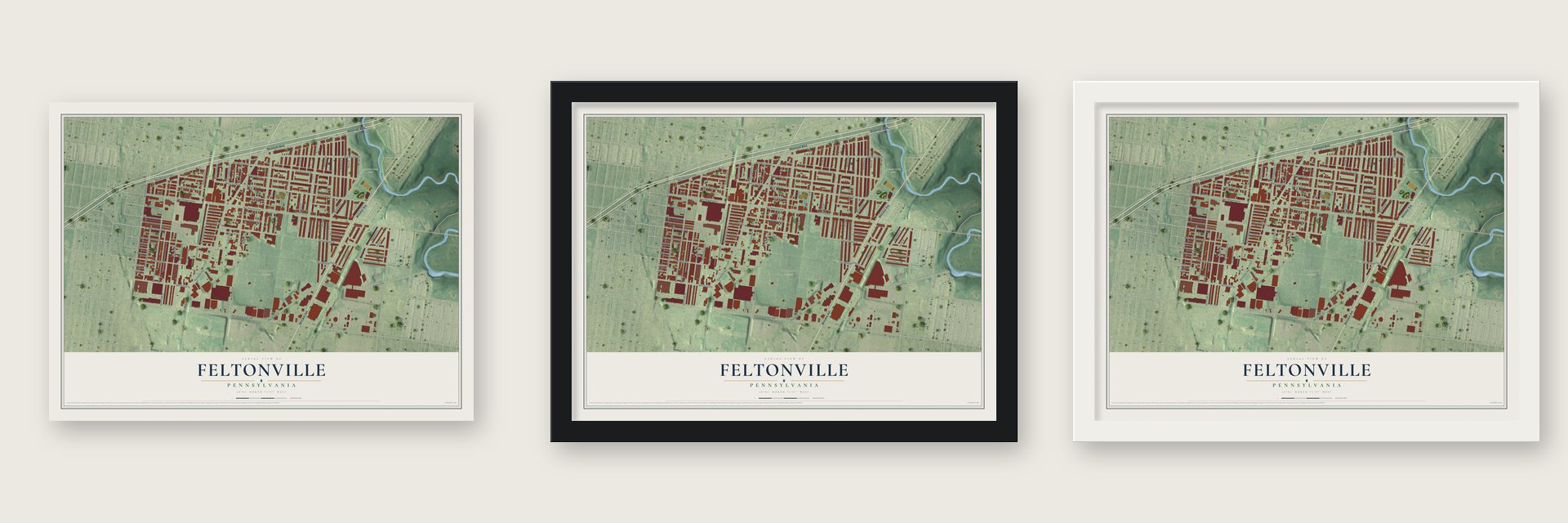 Feltonville, Pennsylvania map unframed, in a black wood frame and in a white wood frame