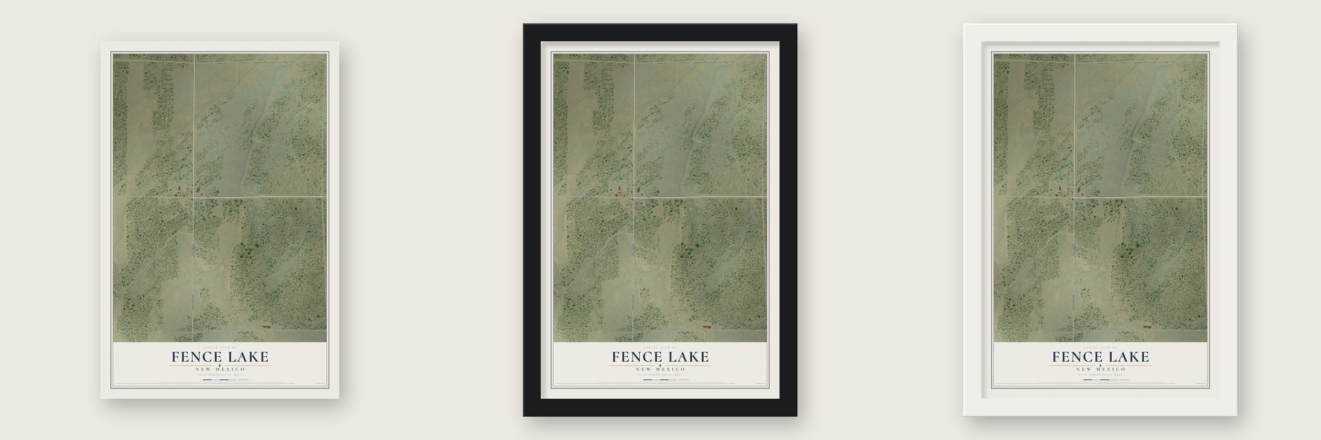 Fence Lake, New Mexico map unframed, in a black wood frame and in a white wood frame