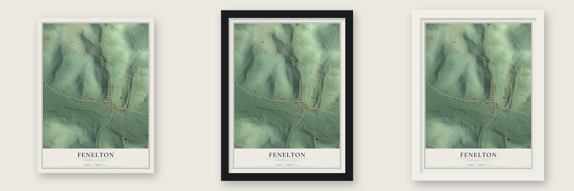 Fenelton, Pennsylvania map unframed, in a black wood frame and in a white wood frame