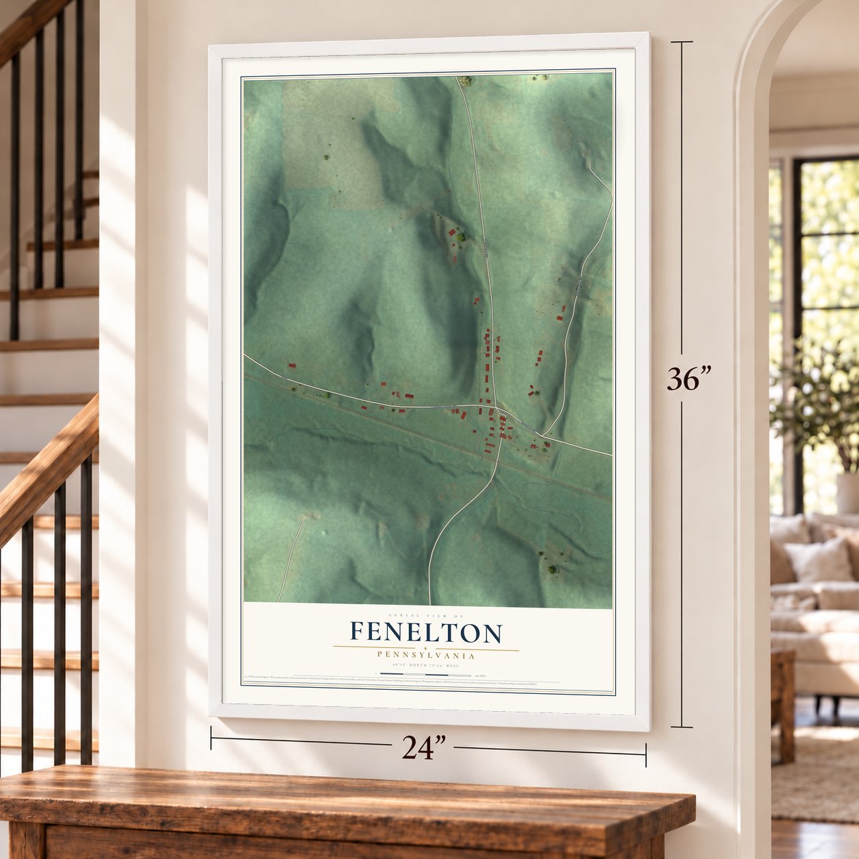 Fenelton, Pennsylvania map, 24 x 36 inch print in a white frame by a staircase