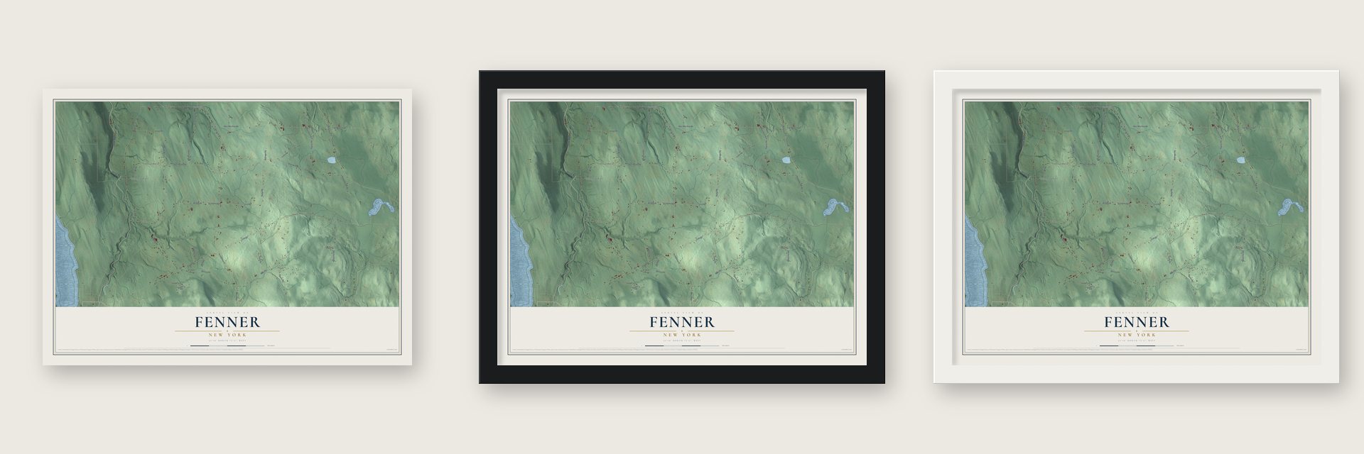Fenner, New York map unframed, in a black wood frame and in a white wood frame