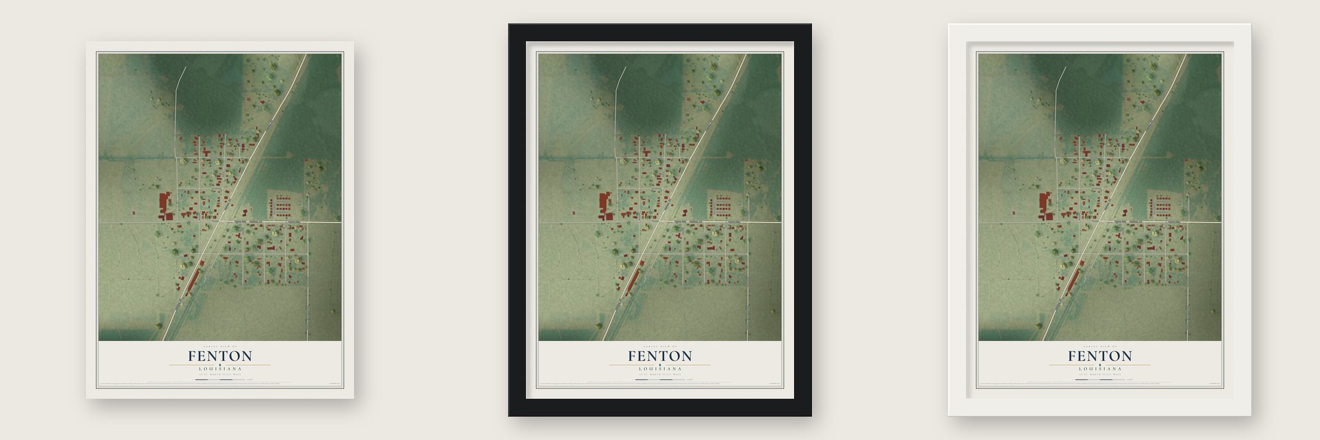 Fenton, Louisiana map unframed, in a black wood frame and in a white wood frame
