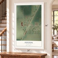 Fenton, Louisiana map, 24 x 36 inch print in a white frame by a staircase