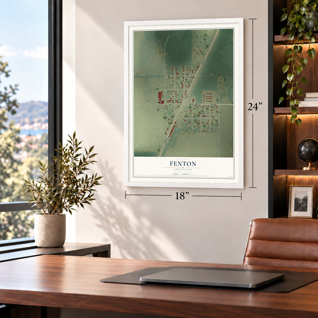 Fenton, Louisiana map, 18 x 24 inch print in a white frame in a home office