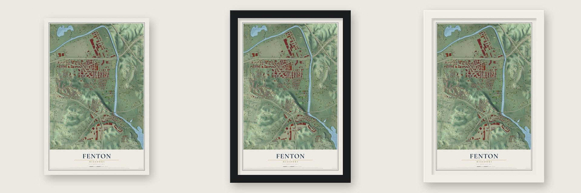 Fenton, Missouri map unframed, in a black wood frame and in a white wood frame