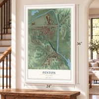 Fenton, Missouri map, 24 x 36 inch print in a white frame by a staircase