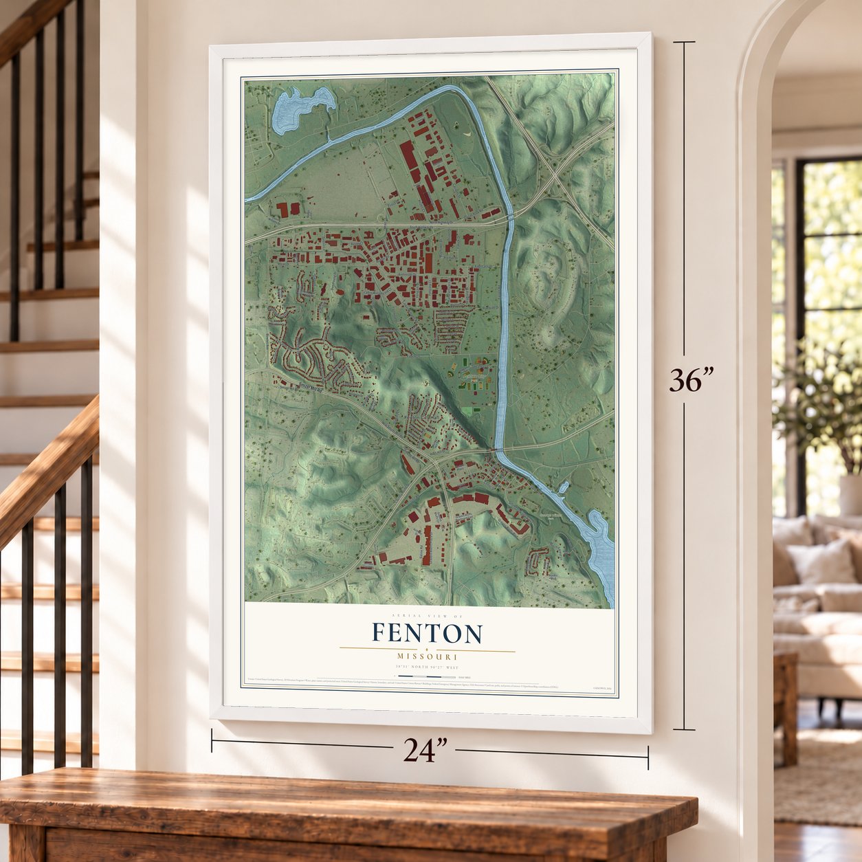 Fenton, Missouri map, 24 x 36 inch print in a white frame by a staircase