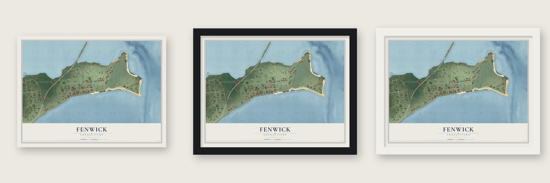Fenwick, Connecticut map unframed, in a black wood frame and in a white wood frame