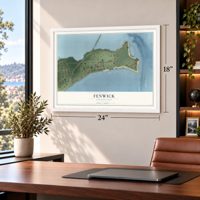 Fenwick, Connecticut map, 18 x 24 inch print in a white frame in a home office
