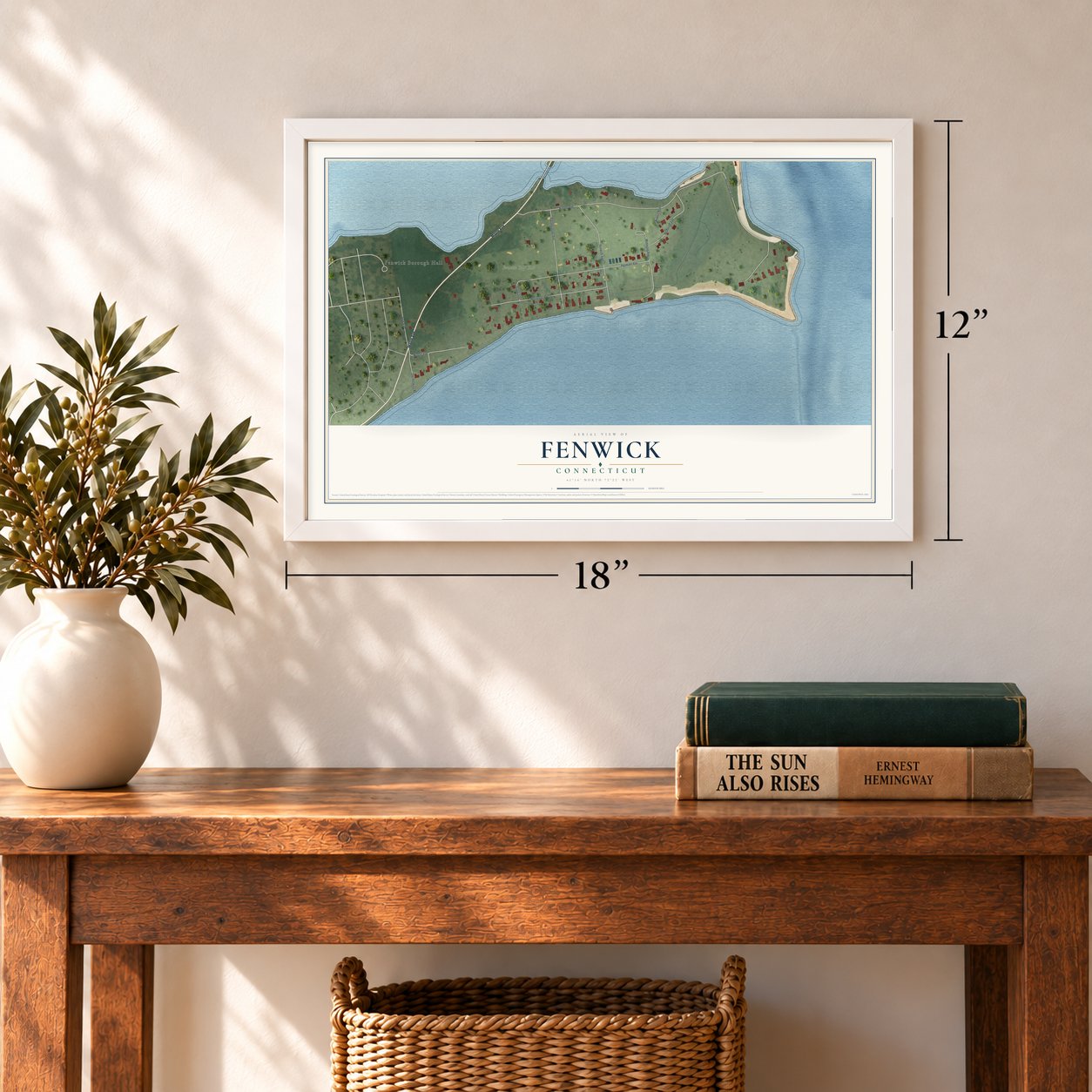 Fenwick, Connecticut map, 12 x 18 inch print in a white frame in an entryway