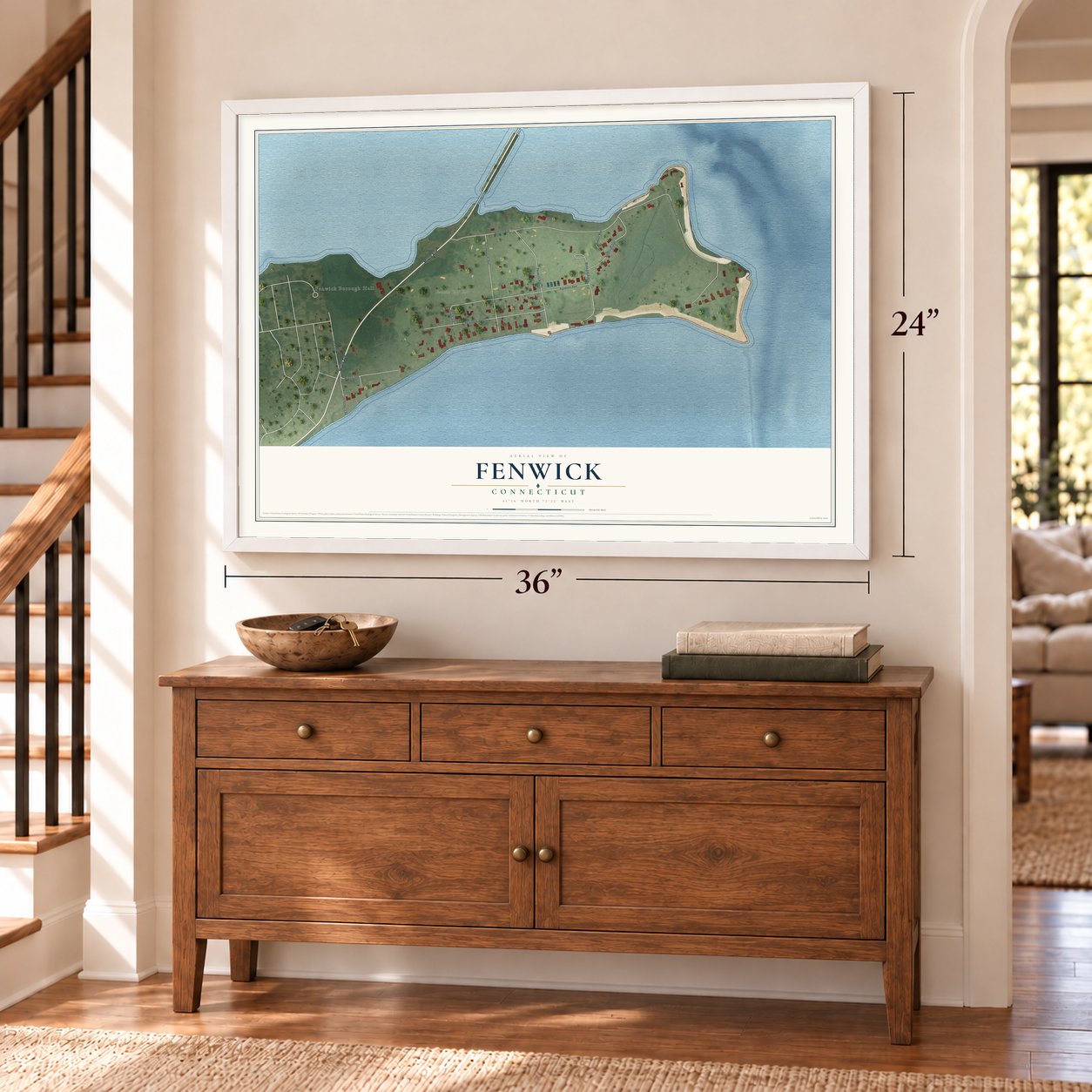 Fenwick, Connecticut map, 24 x 36 inch print in a white frame above a dresser by a staircase