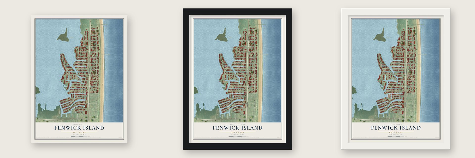 Fenwick Island, Delaware map unframed, in a black wood frame and in a white wood frame