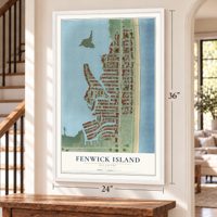 Fenwick Island, Delaware map, 24 x 36 inch print in a white frame by a staircase
