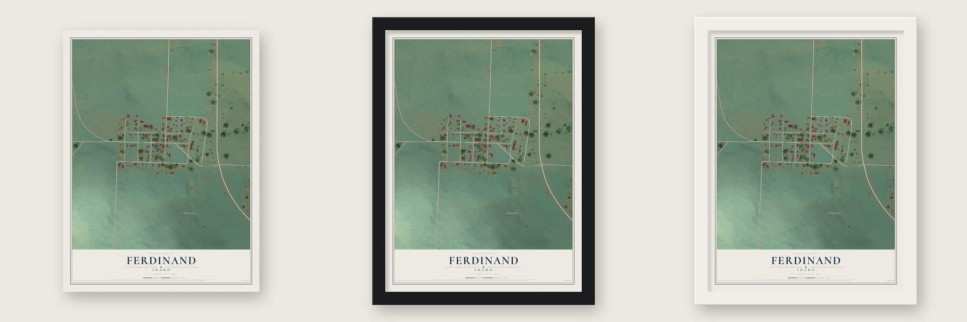 Ferdinand, Idaho map unframed, in a black wood frame and in a white wood frame