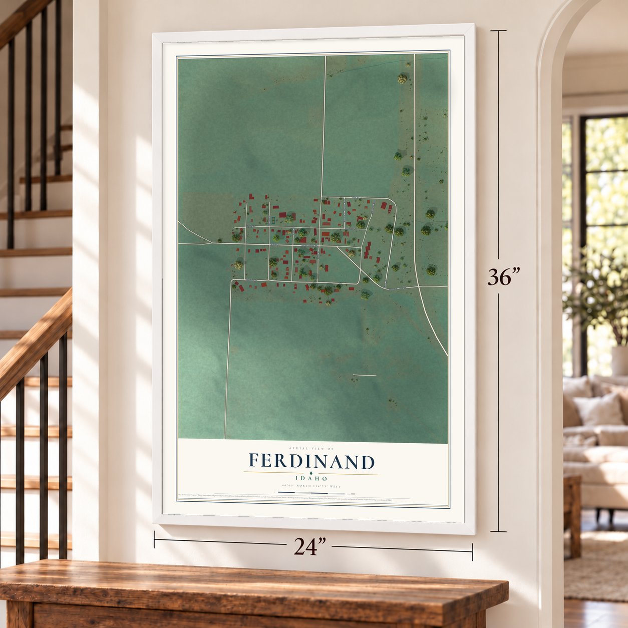Ferdinand, Idaho map, 24 x 36 inch print in a white frame by a staircase