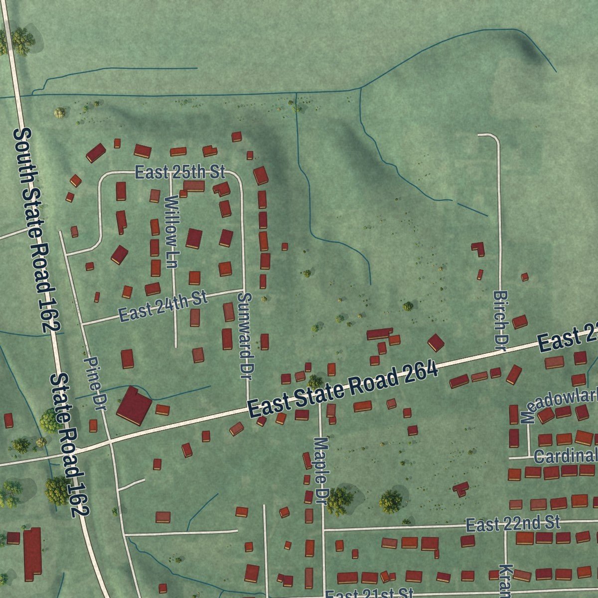 Second close-up of the map of Ferdinand, Indiana print showing more streets and buildings