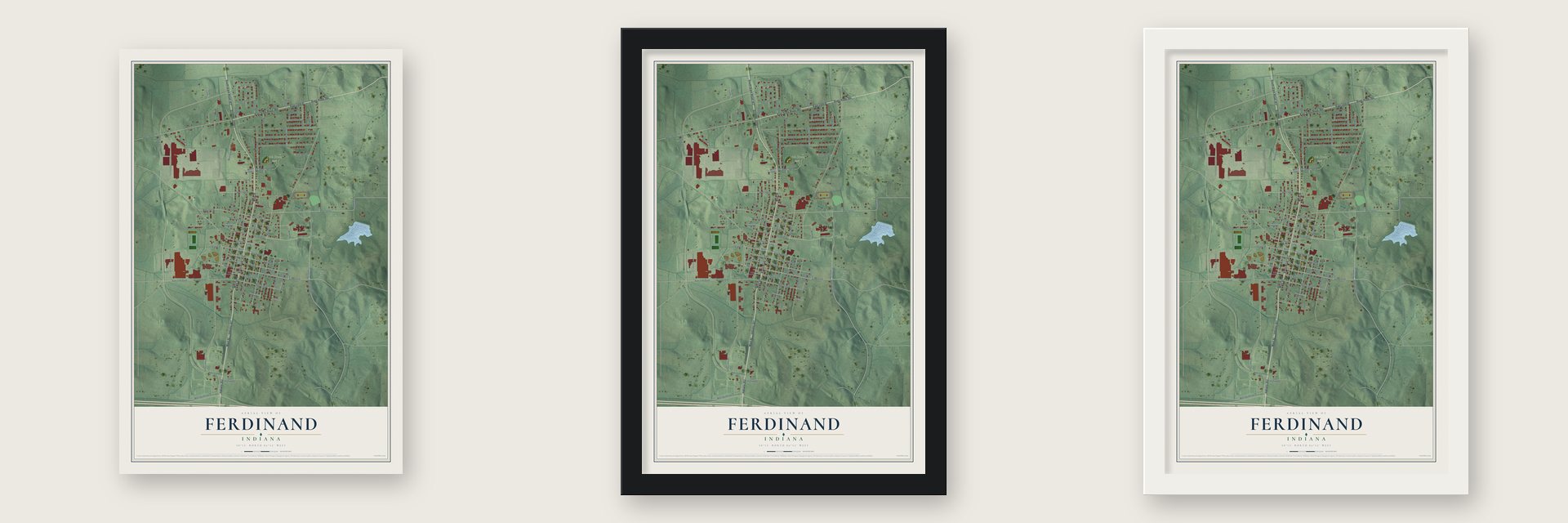 Ferdinand, Indiana map unframed, in a black wood frame and in a white wood frame