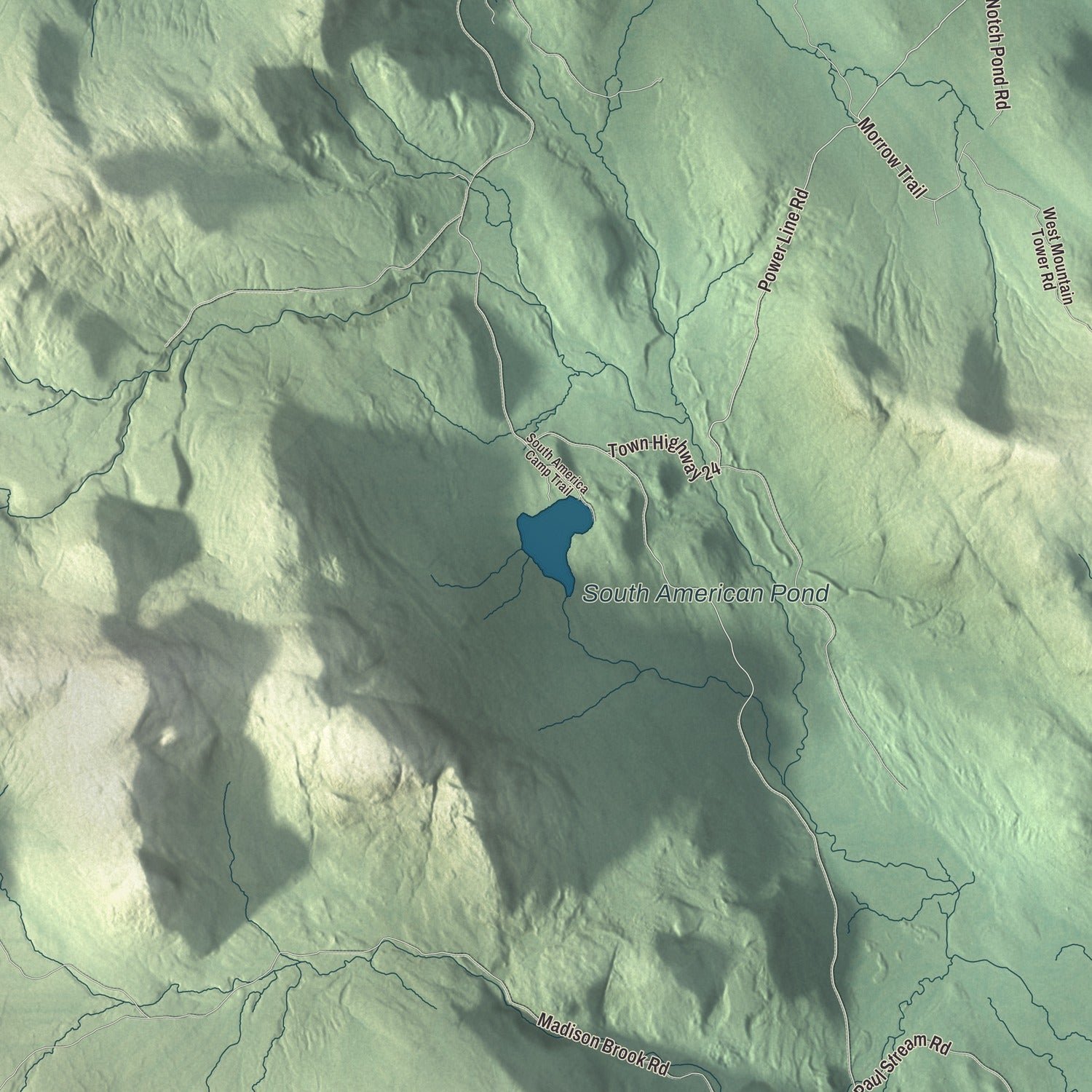 Close-up of the map of Ferdinand, Vermont print showing terrain and local geography