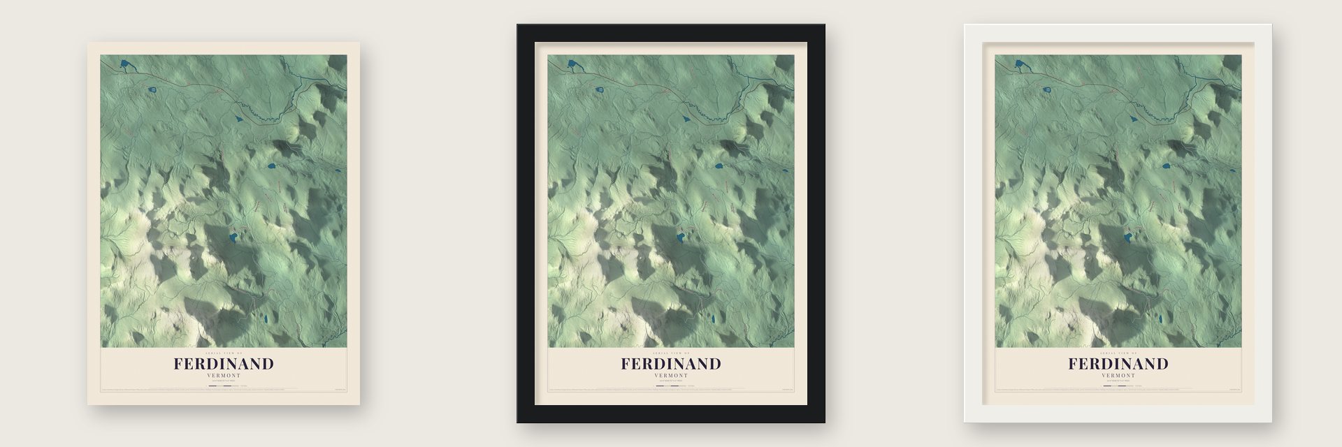 Ferdinand, Vermont map unframed, in a black wood frame and in a white wood frame