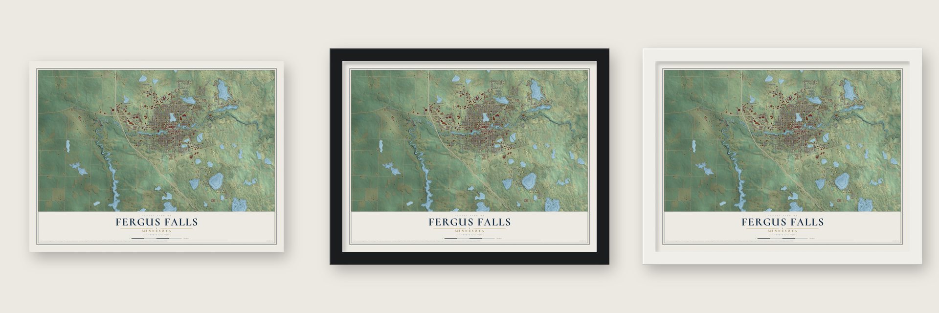 Fergus Falls, Minnesota map unframed, in a black wood frame and in a white wood frame