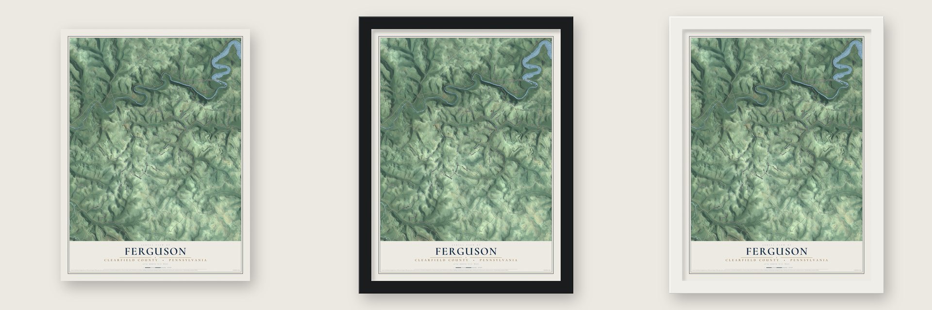 Ferguson, Clearfield County, Pennsylvania map unframed, in a black wood frame and in a white wood frame