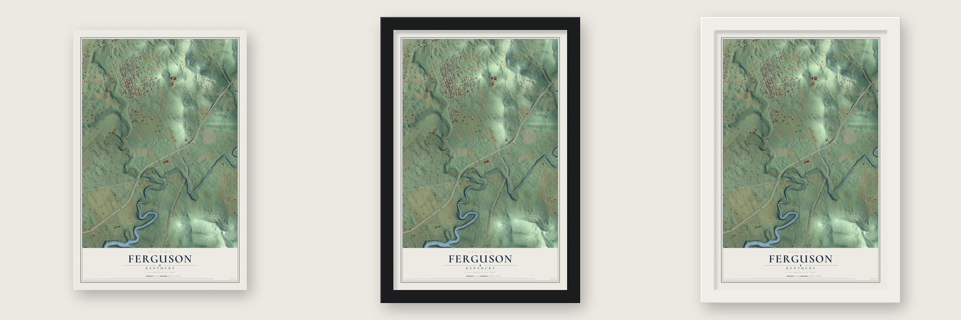 Ferguson, Kentucky map unframed, in a black wood frame and in a white wood frame