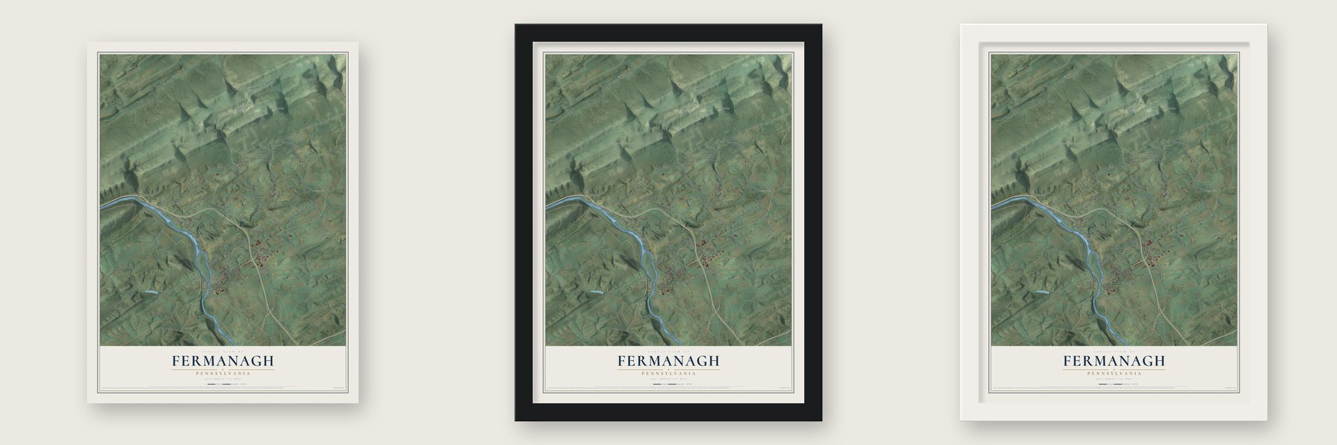 Fermanagh, Pennsylvania map unframed, in a black wood frame and in a white wood frame