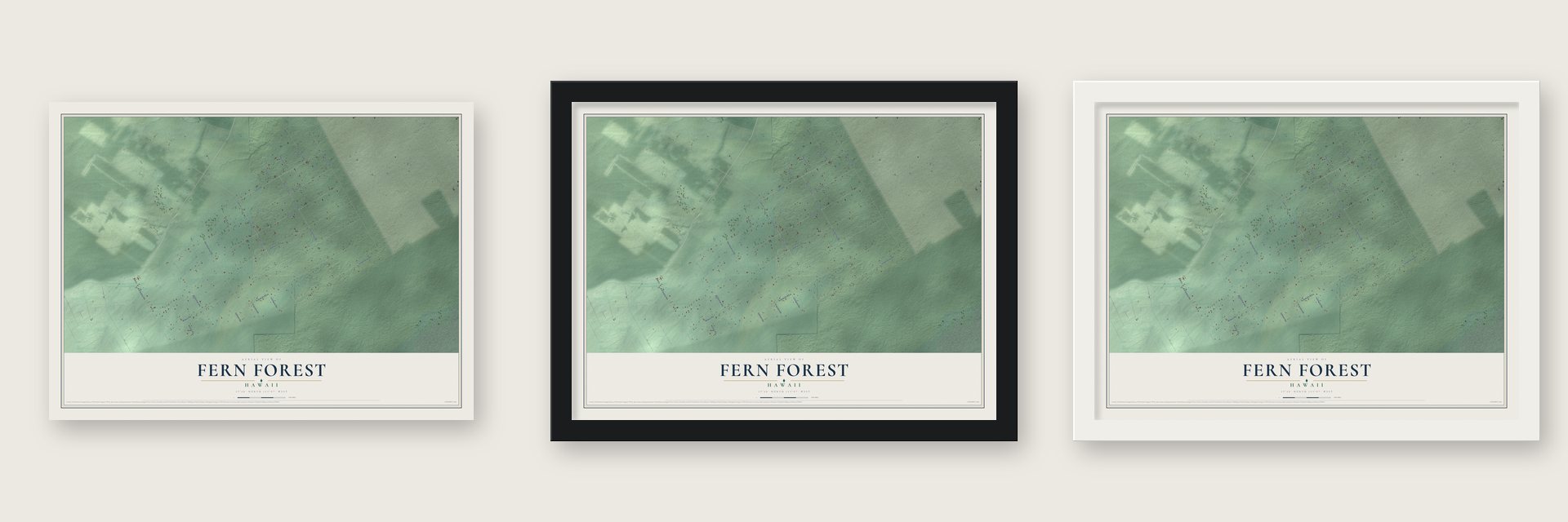 Fern Forest, Hawaii map unframed, in a black wood frame and in a white wood frame