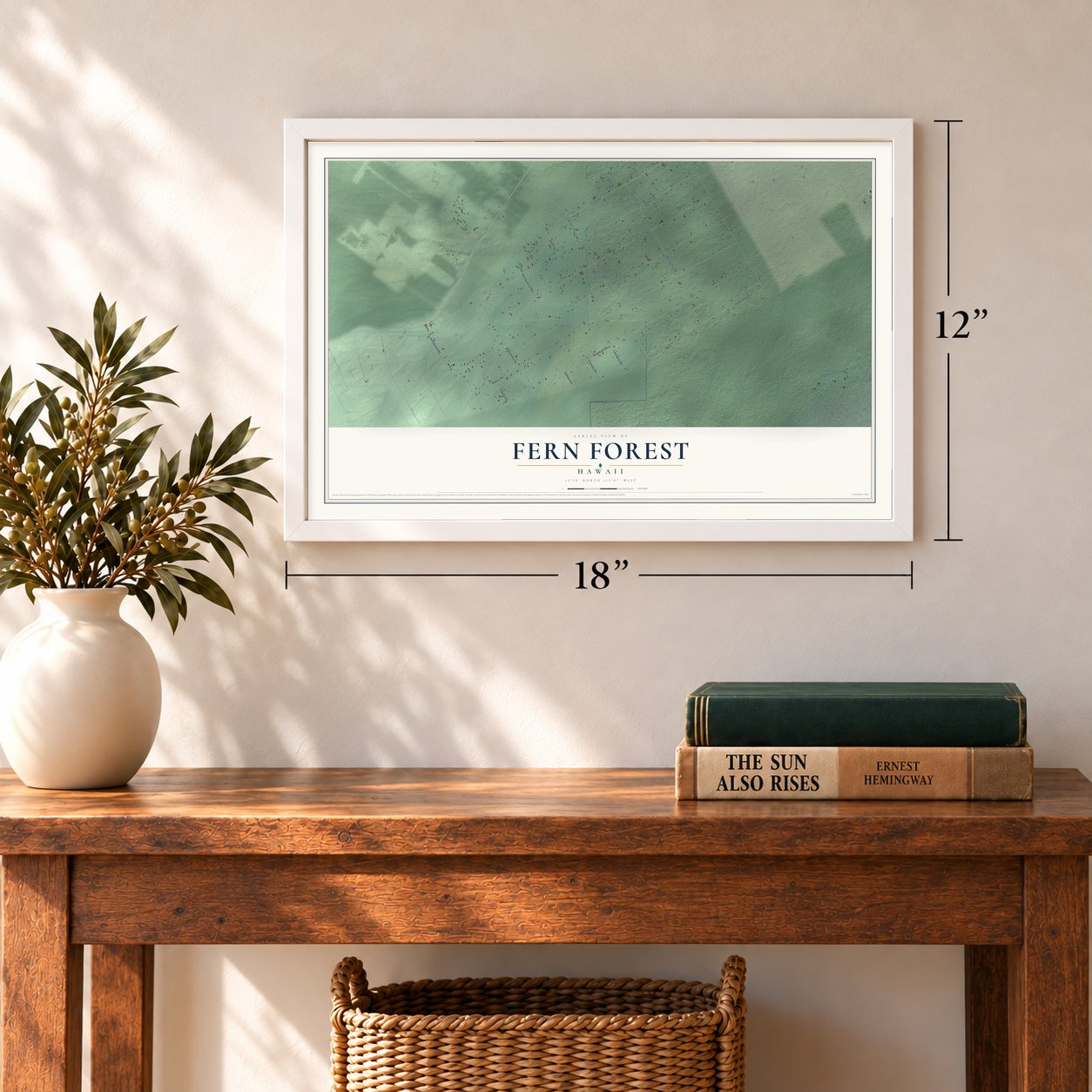 Fern Forest, Hawaii map, 12 x 18 inch print in a white frame in an entryway