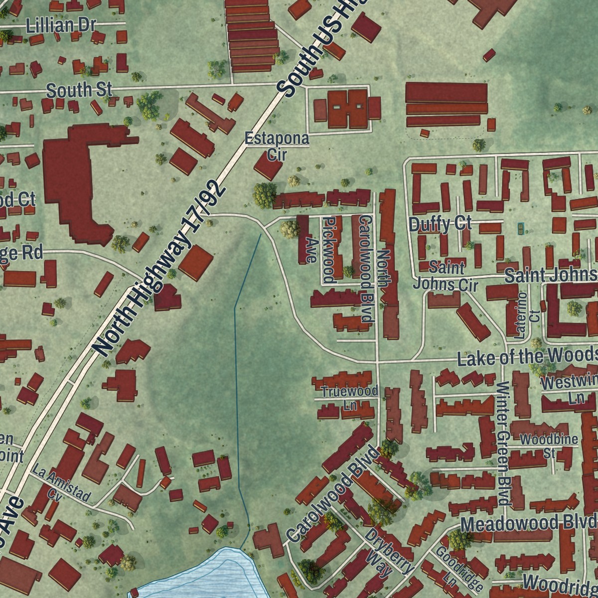 Second close-up of the map of Fern Park, Florida print showing more streets and buildings