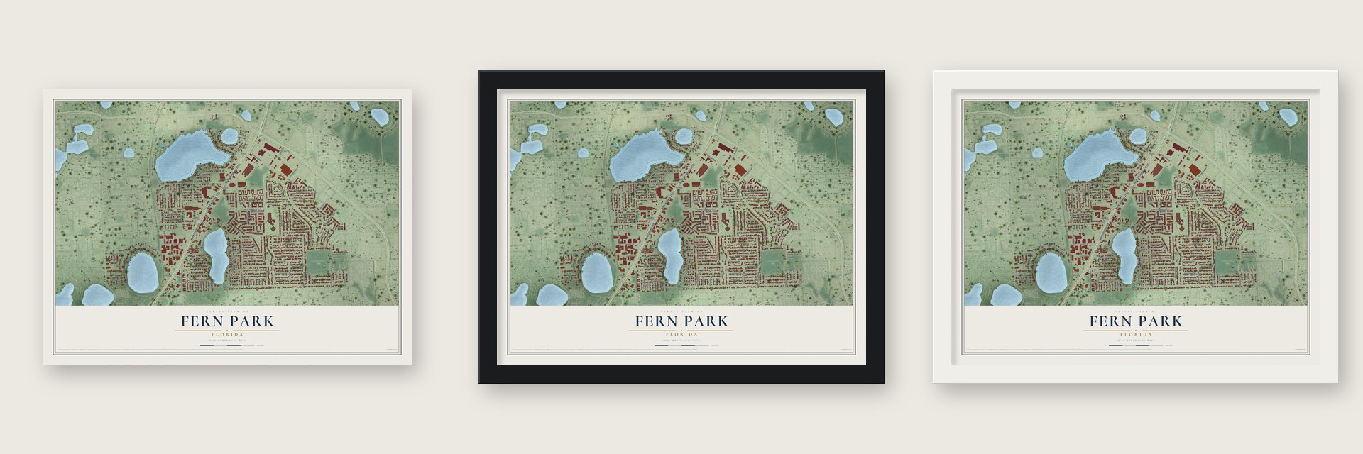 Fern Park, Florida map unframed, in a black wood frame and in a white wood frame