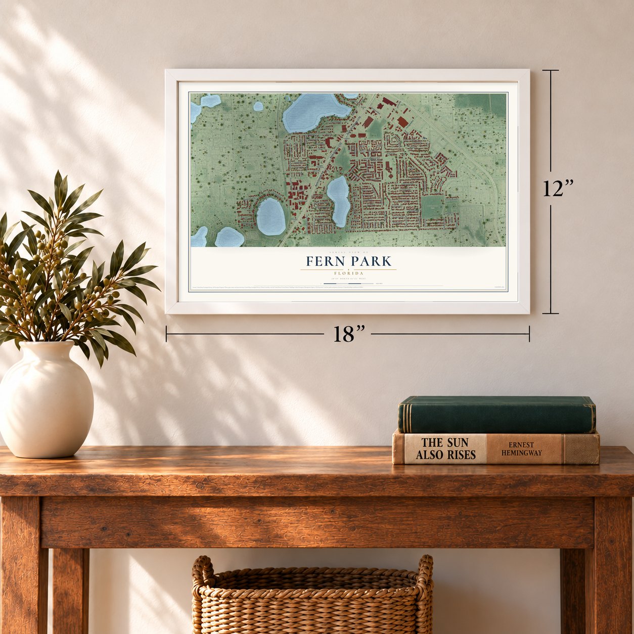 Fern Park, Florida map, 12 x 18 inch print in a white frame in an entryway