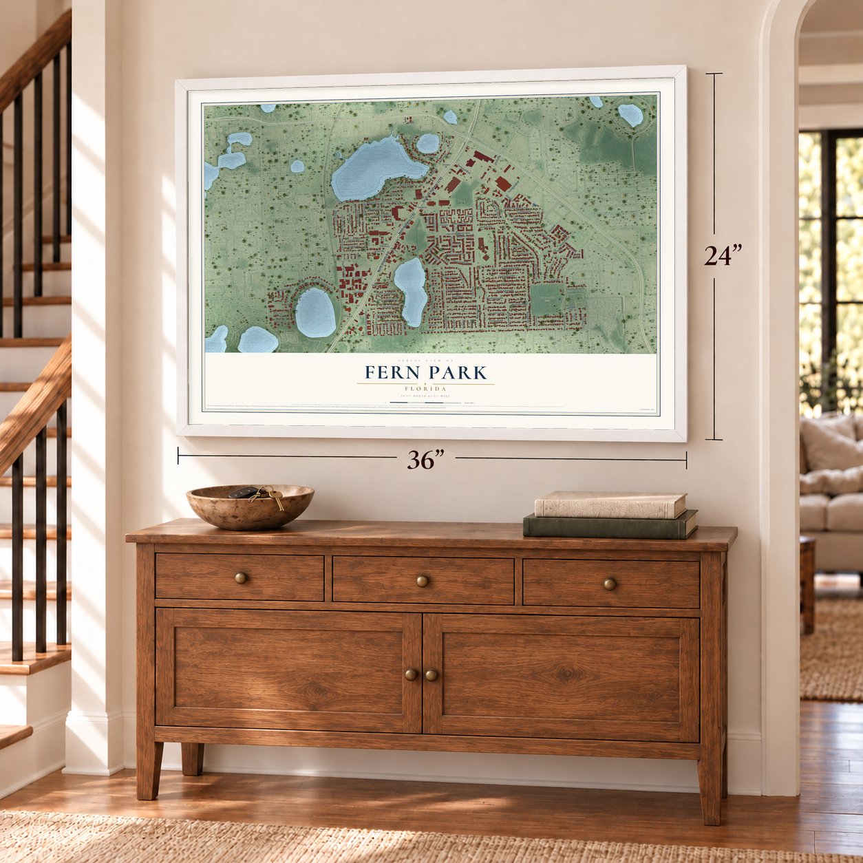 Fern Park, Florida map, 24 x 36 inch print in a white frame above a dresser by a staircase