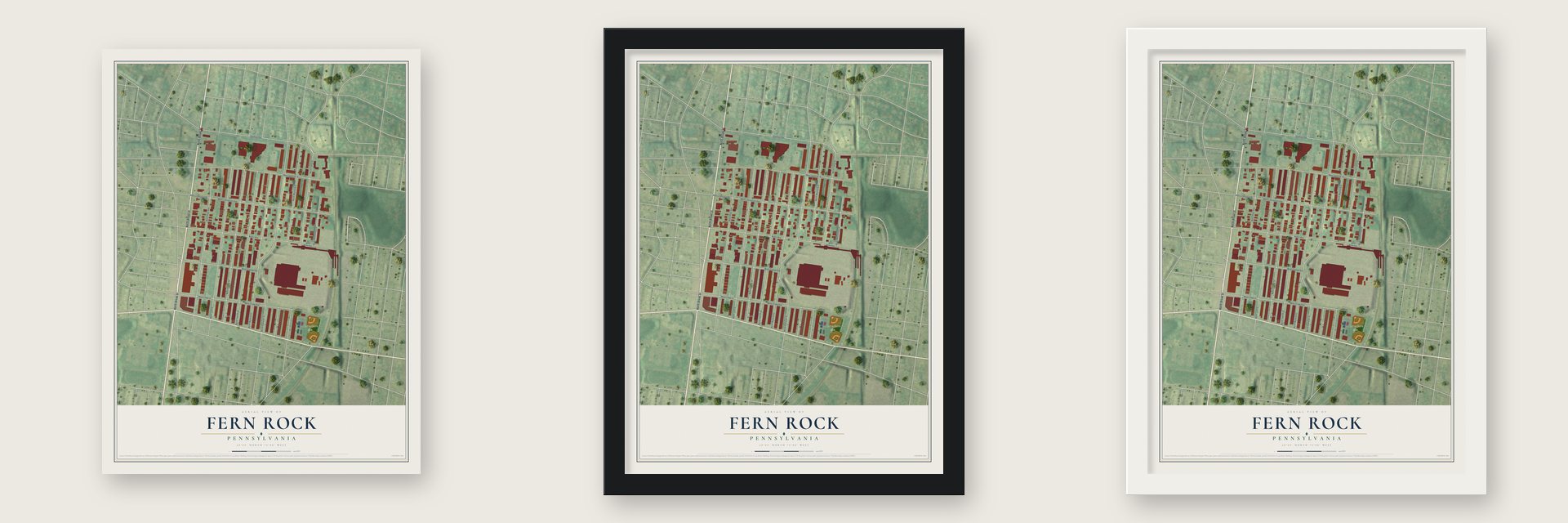 Fern Rock, Pennsylvania map unframed, in a black wood frame and in a white wood frame