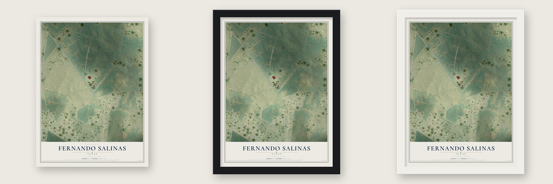 Fernando Salinas, Texas map unframed, in a black wood frame and in a white wood frame