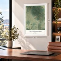 Fernando Salinas, Texas map, 18 x 24 inch print in a white frame in a home office