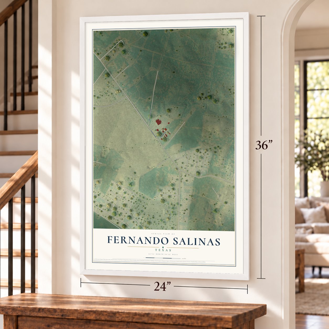 Fernando Salinas, Texas map, 24 x 36 inch print in a white frame by a staircase