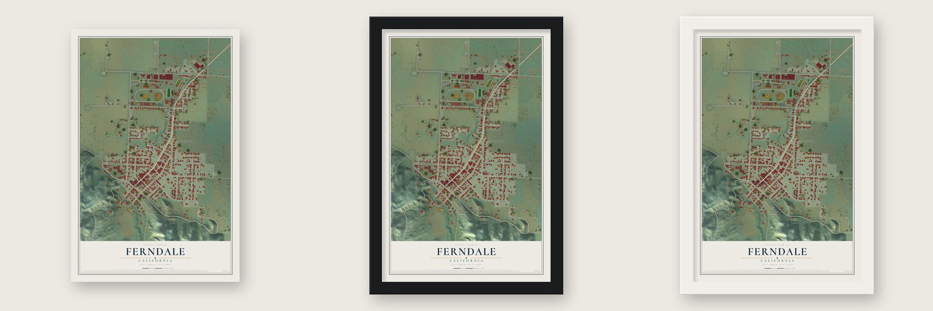 Ferndale, California map unframed, in a black wood frame and in a white wood frame