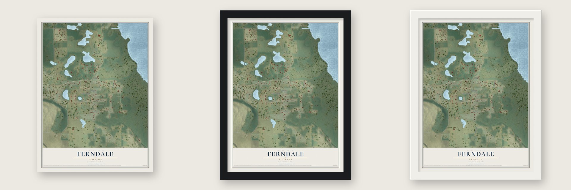 Ferndale, Florida map unframed, in a black wood frame and in a white wood frame