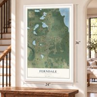 Ferndale, Florida map, 24 x 36 inch print in a white frame by a staircase