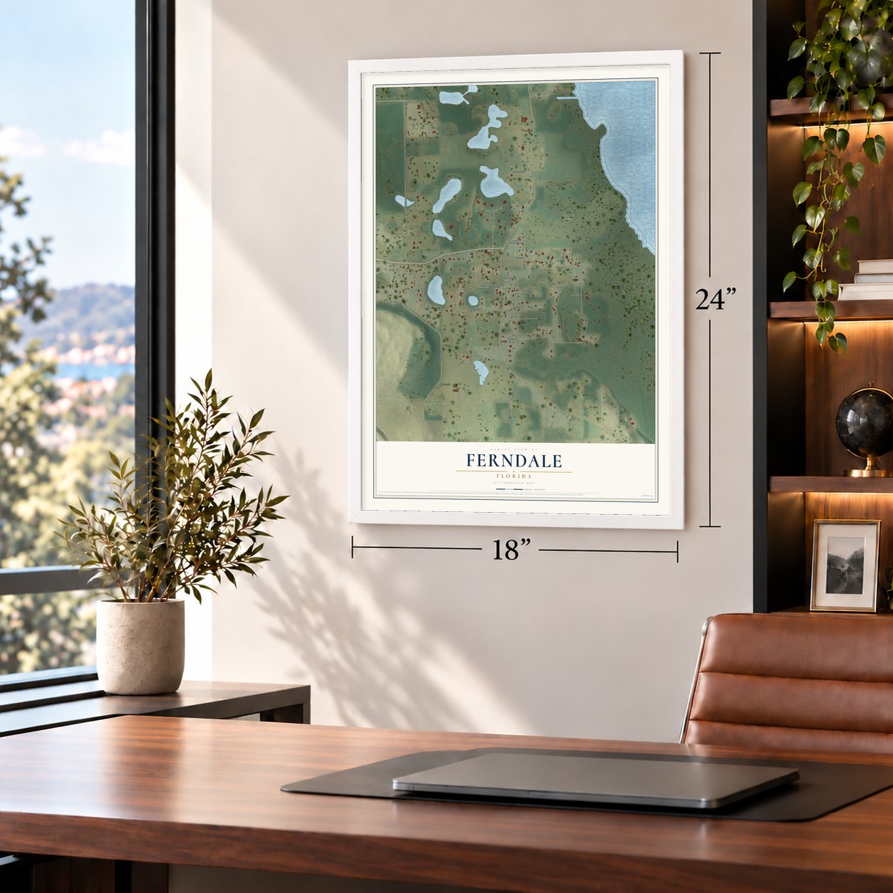 Ferndale, Florida map, 18 x 24 inch print in a white frame in a home office