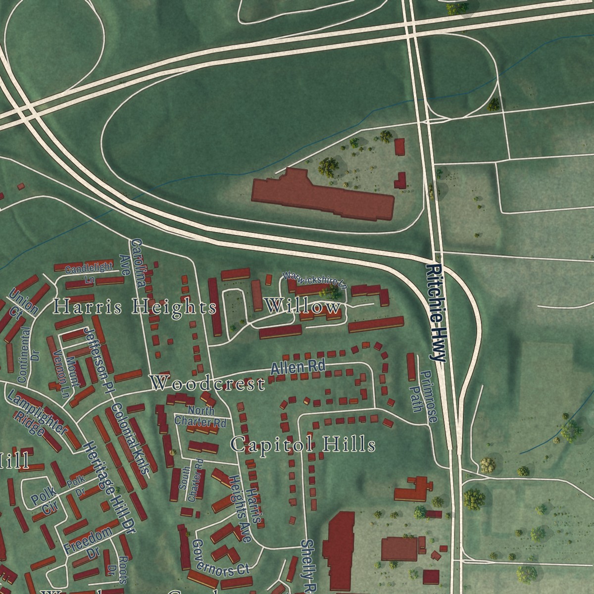 Second close-up of the map of Ferndale, Maryland print showing more streets and buildings