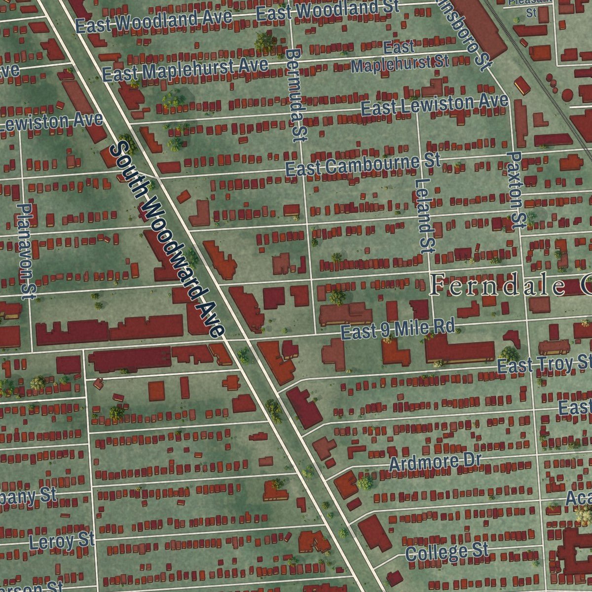 Second close-up of the map of Ferndale, Michigan print showing more streets and buildings