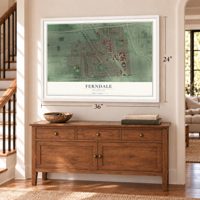 Ferndale, Michigan map, 24 x 36 inch print in a white frame above a dresser by a staircase