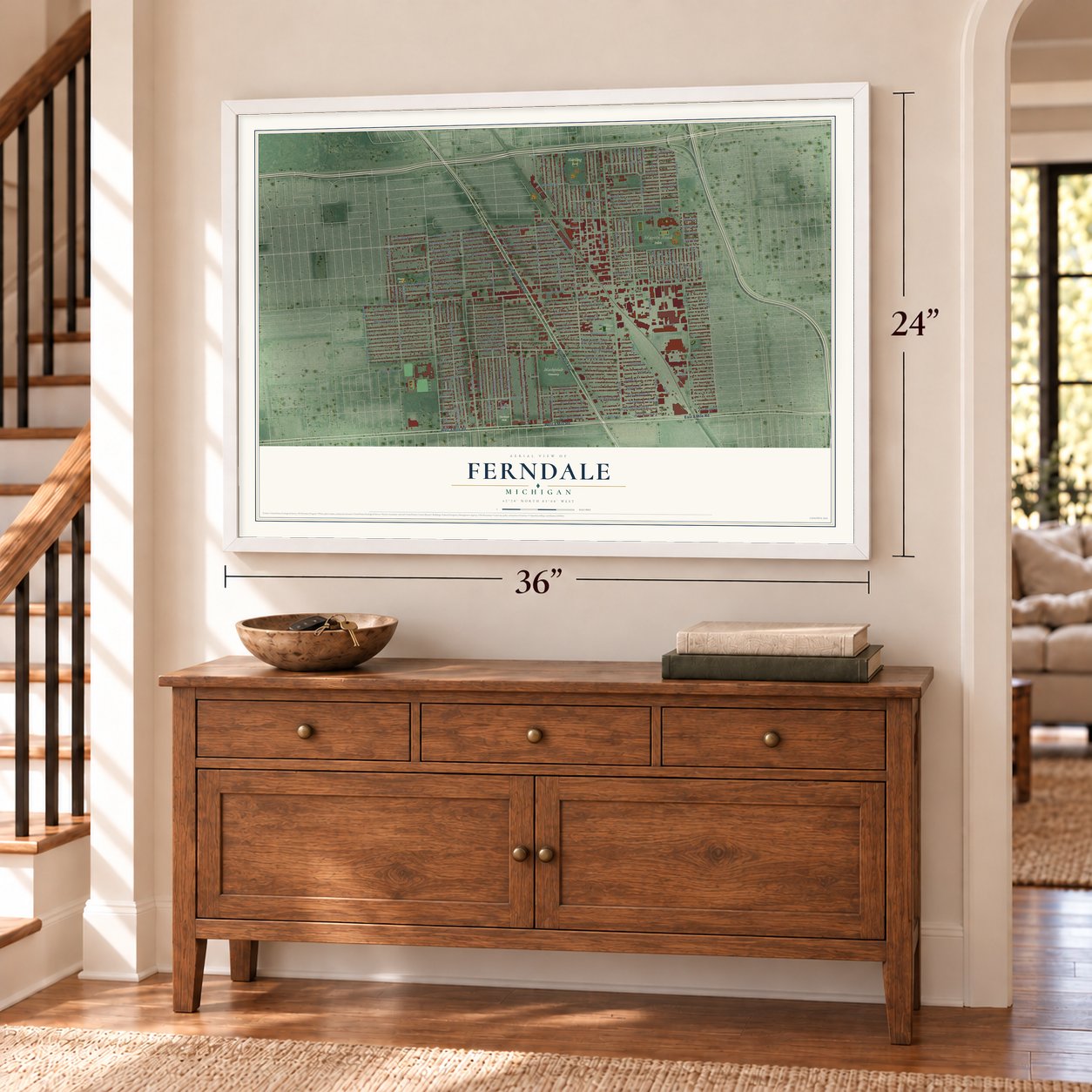 Ferndale, Michigan map, 24 x 36 inch print in a white frame above a dresser by a staircase
