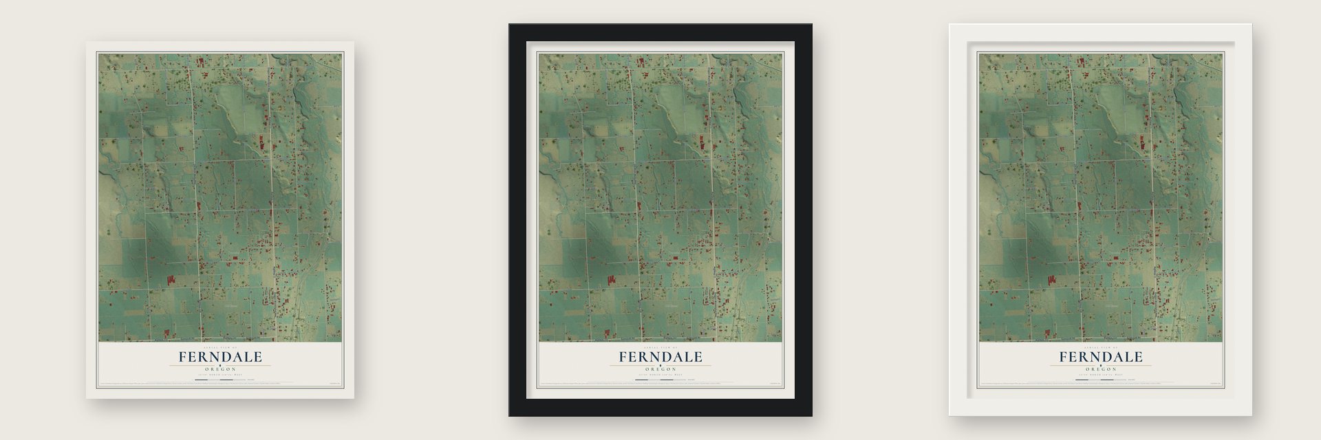 Ferndale, Oregon map unframed, in a black wood frame and in a white wood frame