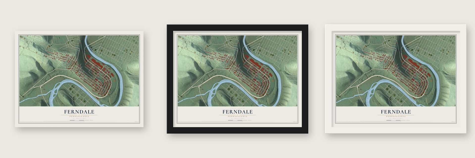 Ferndale, Pennsylvania map unframed, in a black wood frame and in a white wood frame
