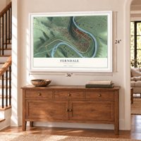 Ferndale, Pennsylvania map, 24 x 36 inch print in a white frame above a dresser by a staircase